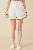 HY6846 Off White Womens Ruffle Trimmed Elastic Waist Soft Shorts Front