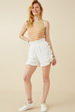 HY6846 Off White Womens Ruffle Trimmed Elastic Waist Soft Shorts Full Body