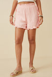 HY6846 Pink Womens Ruffle Trimmed Elastic Waist Soft Shorts Front