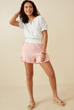 HY6846 Pink Womens Ruffle Trimmed Elastic Waist Soft Shorts Full Body