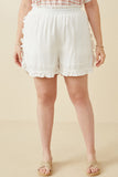 HY6846W Off White Plus Ruffle Trimmed Elastic Waist Soft Shorts Front