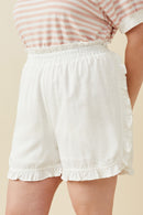 HY6846W Off White Plus Ruffle Trimmed Elastic Waist Soft Shorts Detail