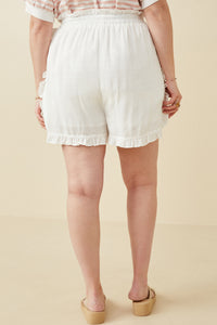 HY6846W Off White Plus Ruffle Trimmed Elastic Waist Soft Shorts Back