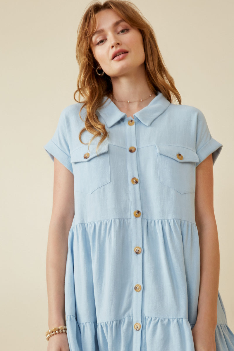 HY6879 Blue Womens Textured Button Down Collared Dress Front