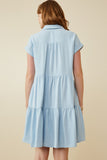 HY6879 Blue Womens Textured Button Down Collared Dress Back