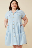 HY6879W Blue Plus Textured Button Down Collared Dress Front