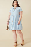 HY6879W Blue Plus Textured Button Down Collared Dress Full Body