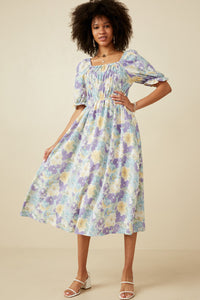 HY6903 Lavender Mix Womens Tropical Floral Smocked Bodice Dress Full Body