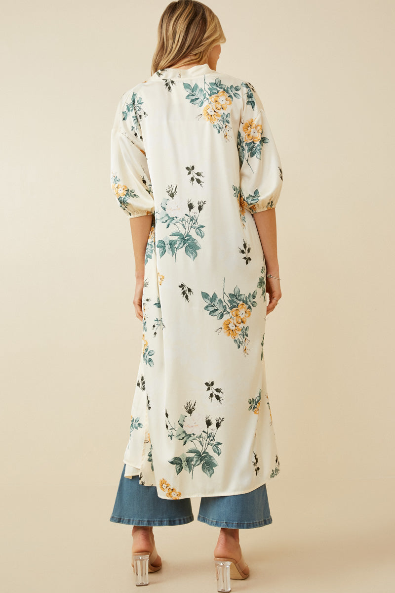 HY6933 Cream Womens Satin Floral Open Duster Back