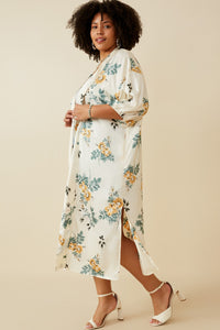 HY6933W Cream Plus Satin Floral Open Duster Side