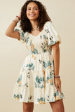 HY6934 Cream Womens Romantic Floral Smocked Sheen Dress Front