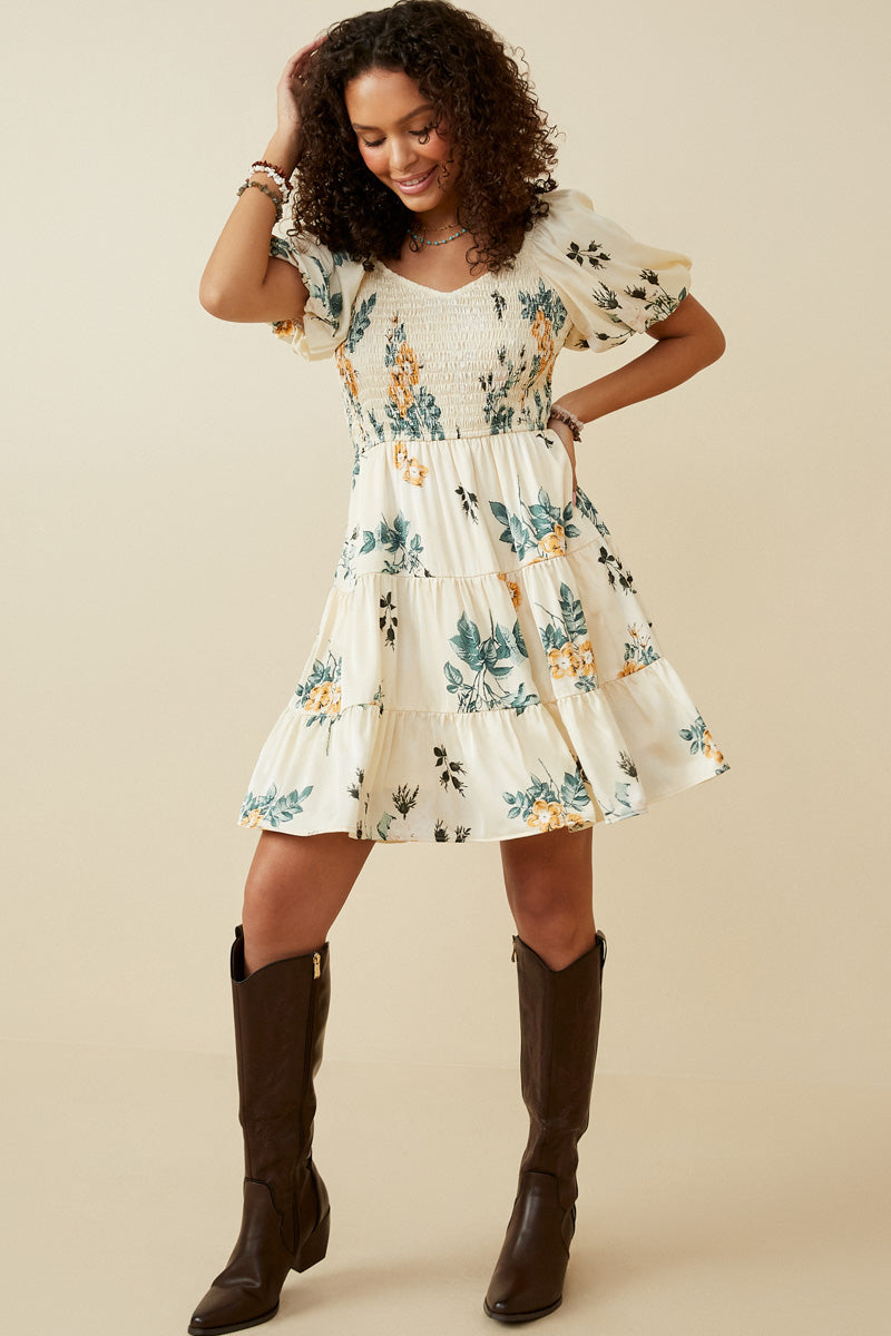 Women Romantic Floral Smocked Sheen Dress