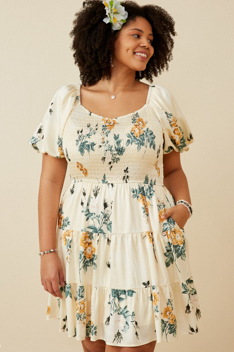 Womens Romantic Floral Smocked Sheen Dress
