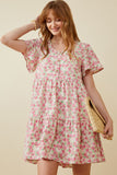 HY6939 Pink Womens Button Detail Textured Floral Dress Front