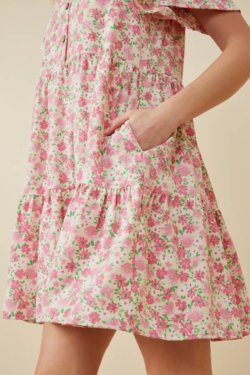 Button Detail Textured Floral Dress