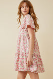 HY6939 Pink Womens Button Detail Textured Floral Dress Side