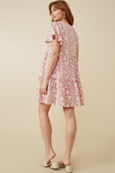 HY6939 Pink Womens Button Detail Textured Floral Dress Back