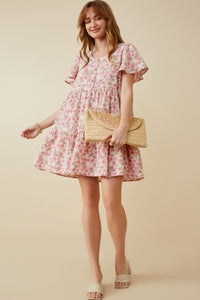 HY6939 Pink Womens Button Detail Textured Floral Dress Full Body