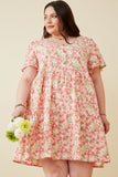 HY6939W Pink Plus Button Detail Textured Floral Dress Front