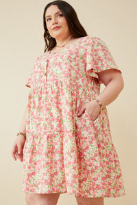 HY6939W Pink Plus Button Detail Textured Floral Dress Front 2