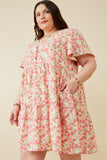 HY6939W Pink Plus Button Detail Textured Floral Dress Front 2