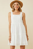 HY6946 OFF WHITE Womens Textured Square Neck Ruffle Tiered Dress Front