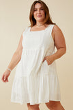 HY6946W OFF WHITE Plus Textured Square Neck Ruffle Tiered Dress Front