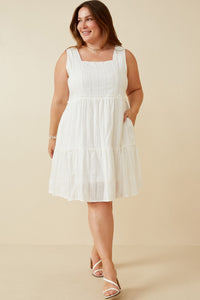 HY6946W OFF WHITE Plus Textured Square Neck Ruffle Tiered Dress Full Body