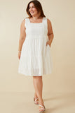 HY6946W OFF WHITE Plus Textured Square Neck Ruffle Tiered Dress Full Body
