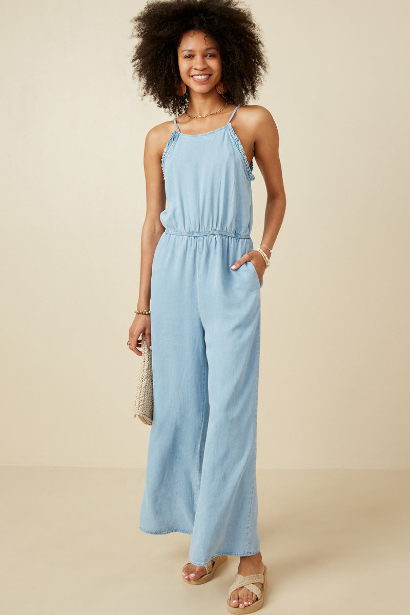 Womens Ruffled Halter Wideleg Denim Tencel Jumpsuit
