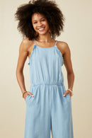 HY6952 Light Denim Womens Ruffled Halter Wideleg Denim Tencel Jumpsuit Front