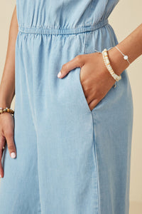 HY6952 Light Denim Womens Ruffled Halter Wideleg Denim Tencel Jumpsuit Detail