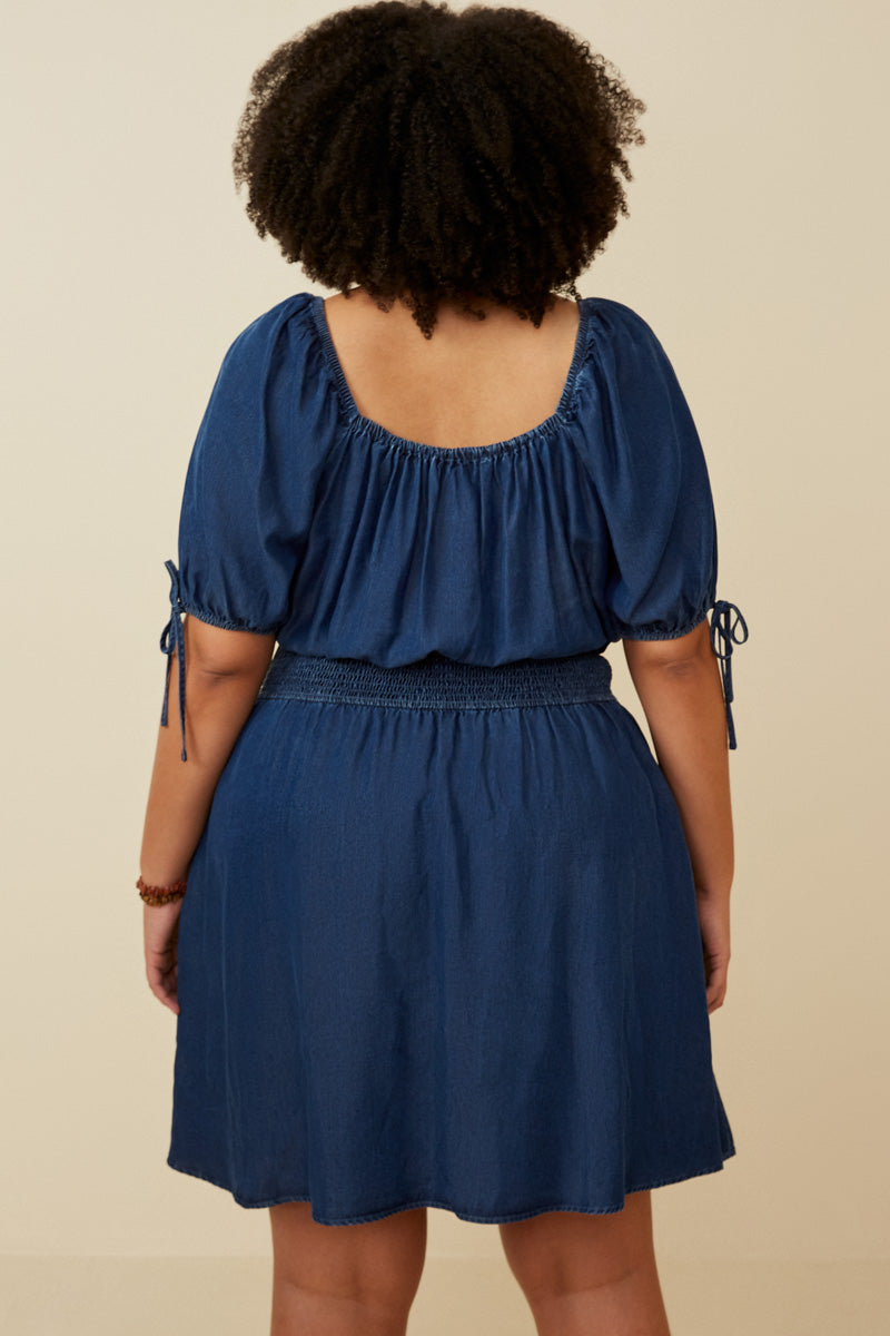 HY6955W Dark Denim Plus Smocked Waist Tie Sleeve Denim Tencel Dress Back