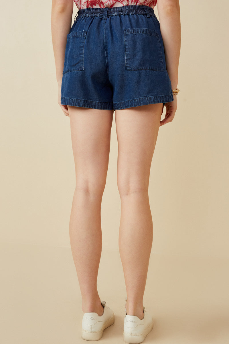 HY6957 Dark Denim Womens Denim Tencel Dolphin Shorts Back