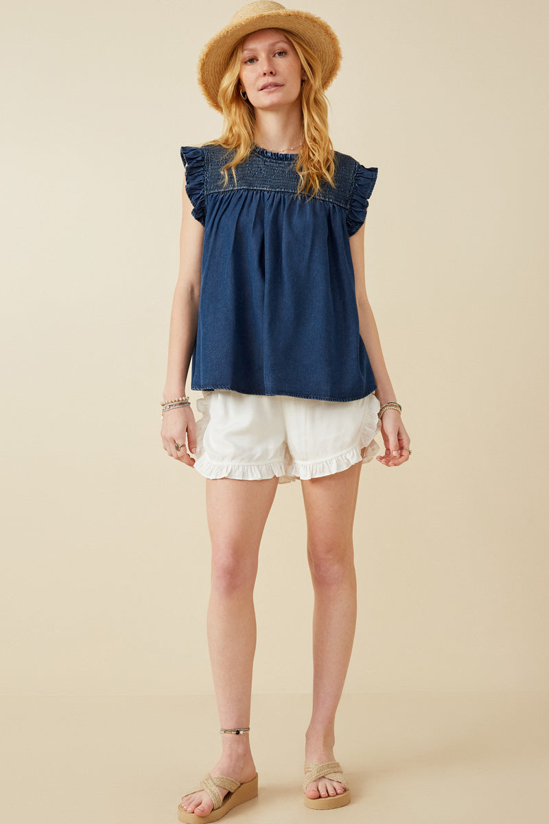 Ruffle Detailed Smocked Denim Tencel Tank