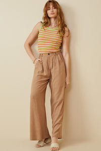 HY6960 Sage Mix Womens Contrast Binding Striped Knit Ribbed Tank Full Body