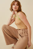 HY6960 Sage Mix Womens Contrast Binding Striped Knit Ribbed Tank Pose