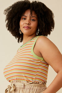 HY6960W Sage Mix Plus Contrast Binding Striped Knit Ribbed Tank Detail