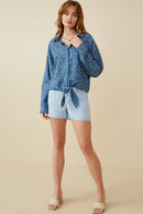 HY6986 Denim Womens Floral Denim Tie Front Roll Up Shirt Full Body