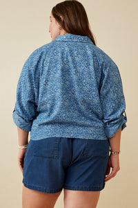 HY6986W Denim Plus Floral Denim Tie Front Roll Up Shirt Back