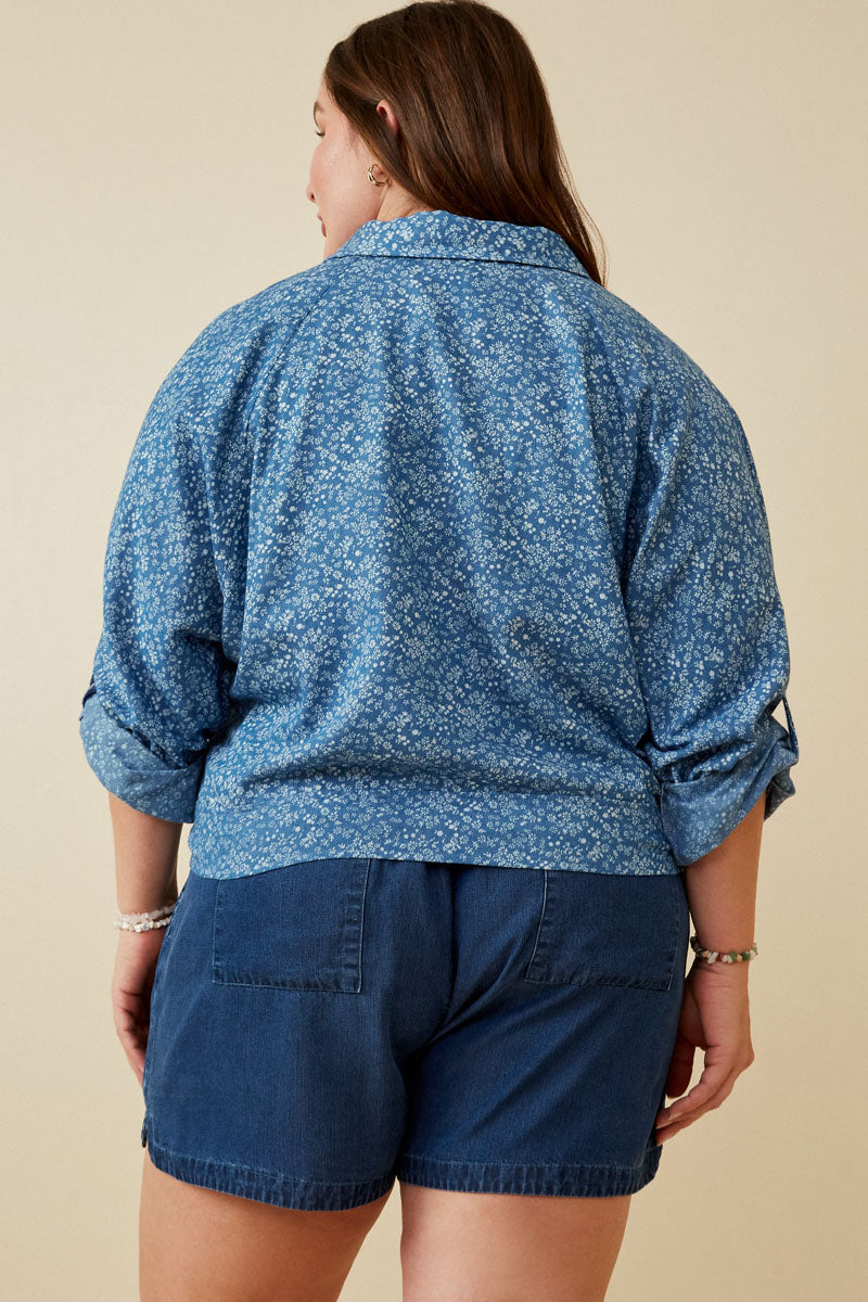 HY6986W Denim Plus Floral Denim Tie Front Roll Up Shirt Back