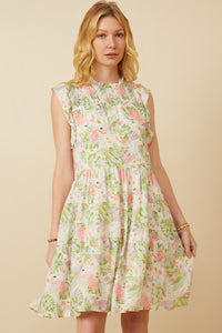 HY6988 Pink Womens Flamingo Print Smocked Ruffled Dress Front