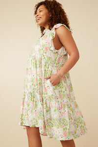 HY6988W Pink Plus Flamingo Print Smocked Ruffled Dress Side