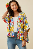 HY6990 Yellow Mix Womens Vivid Floral Contrast Stitch Linen Blend Kimono Front