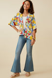 HY6990 Yellow Mix Womens Vivid Floral Contrast Stitch Linen Blend Kimono Full Body