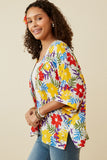 HY6990 Yellow Mix Womens Vivid Floral Contrast Stitch Linen Blend Kimono Side