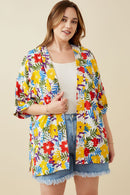 HY6990W Yellow Mix Plus Vivid Floral Contrast Stitch Linen Blend Kimono Front