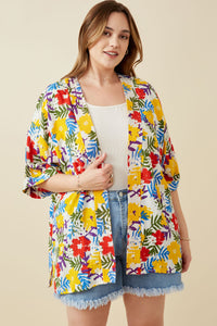 HY6990W Yellow Mix Plus Vivid Floral Contrast Stitch Linen Blend Kimono Front