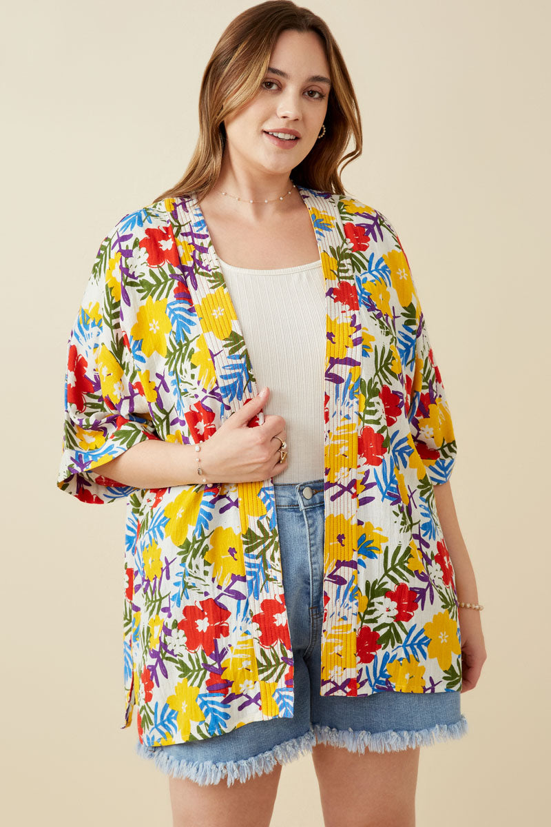 HY6990W Yellow Mix Plus Vivid Floral Contrast Stitch Linen Blend Kimono Front
