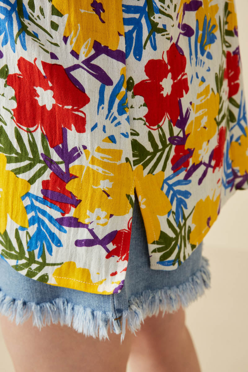 HY6990W Yellow Mix Plus Vivid Floral Contrast Stitch Linen Blend Kimono Side